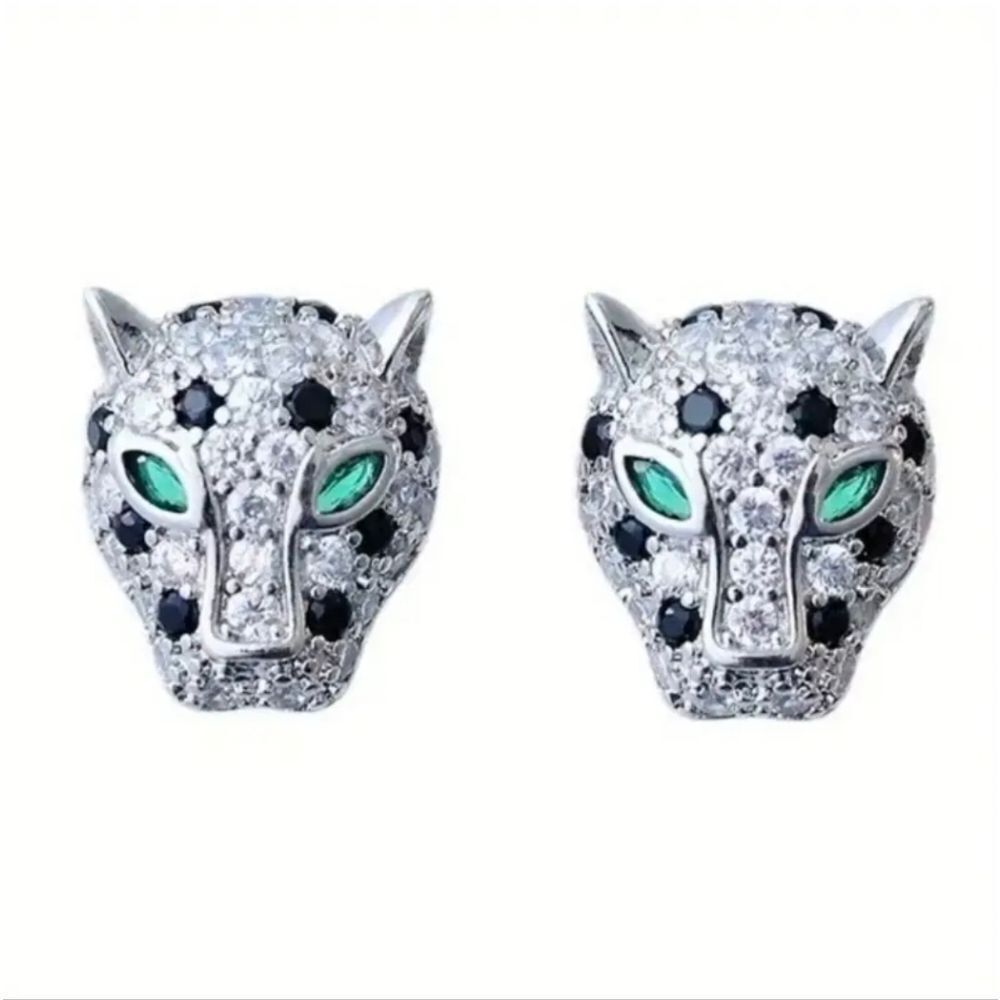 18K White Gold Plated Pavé Diamond Panther Designer Inspired Stud Earrings